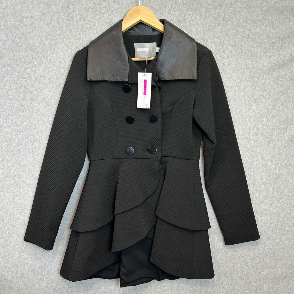Hunter Bell Sz 6 Jacket Black Leather Collar Tiered Peplum Double Breasted Coat